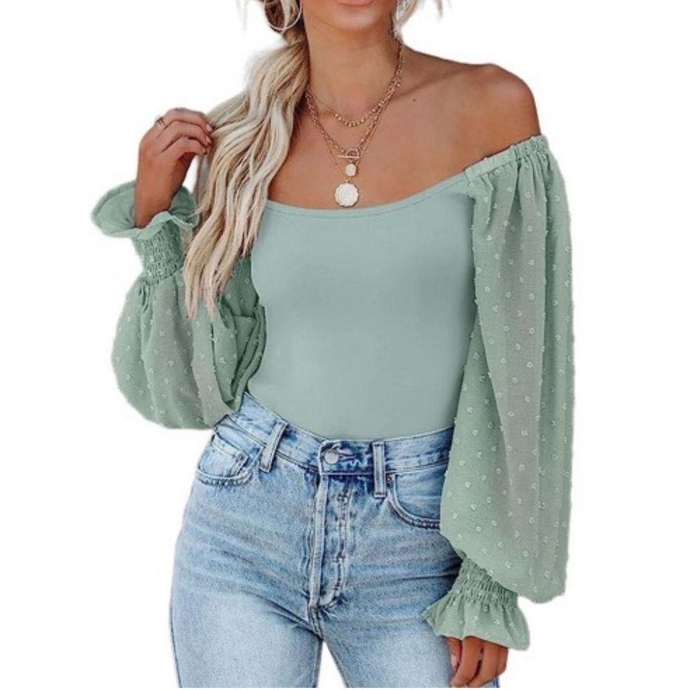 Zeagoo Mint square-neck Off-Shoulder sheer swiss dot puff sleeves bodysuit